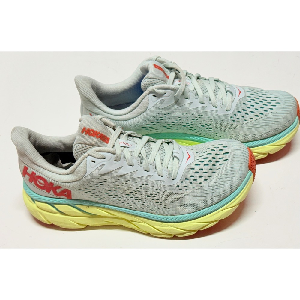 Hoka One One Clifton 7 Womens Running Shoes Morning Mist Hot Coral MMHC 8‎
